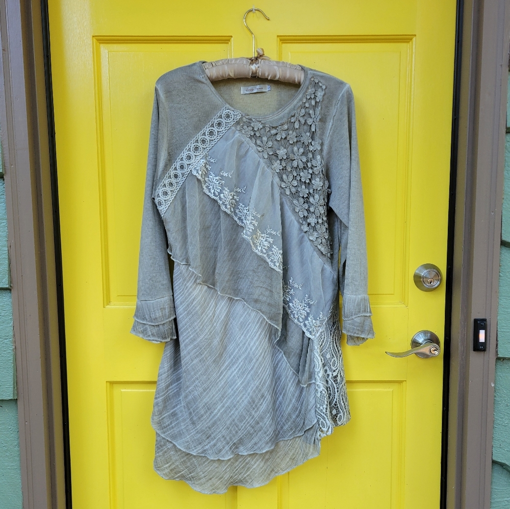 Simply Couture Lagenlook Lace Ruffle Tunic Top Boho Cottagecore Size L